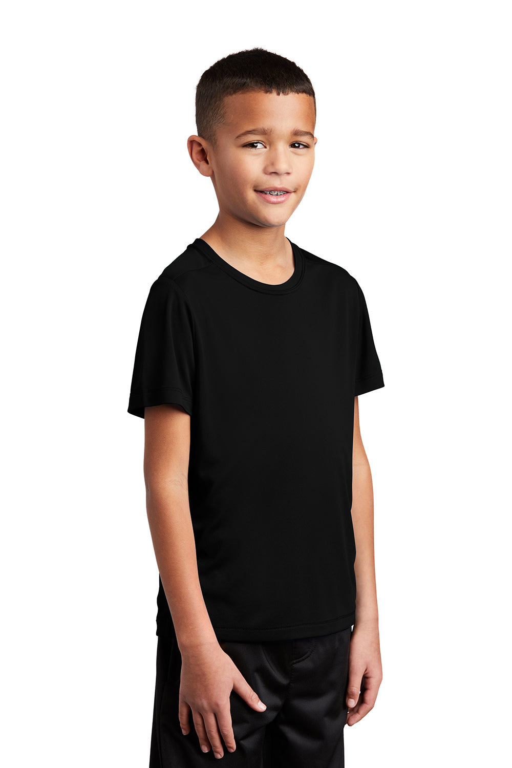 Sport-Tek YST420 Youth Moisture Wicking Short Sleeve Crewneck T-Shirt Black Model 3q