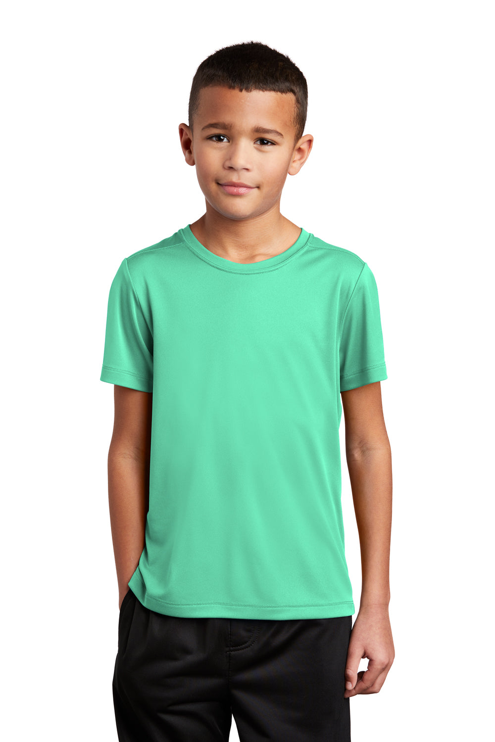 Sport-Tek YST420 Youth Moisture Wicking Short Sleeve Crewneck T-Shirt Bright Seafoam Green Model Front