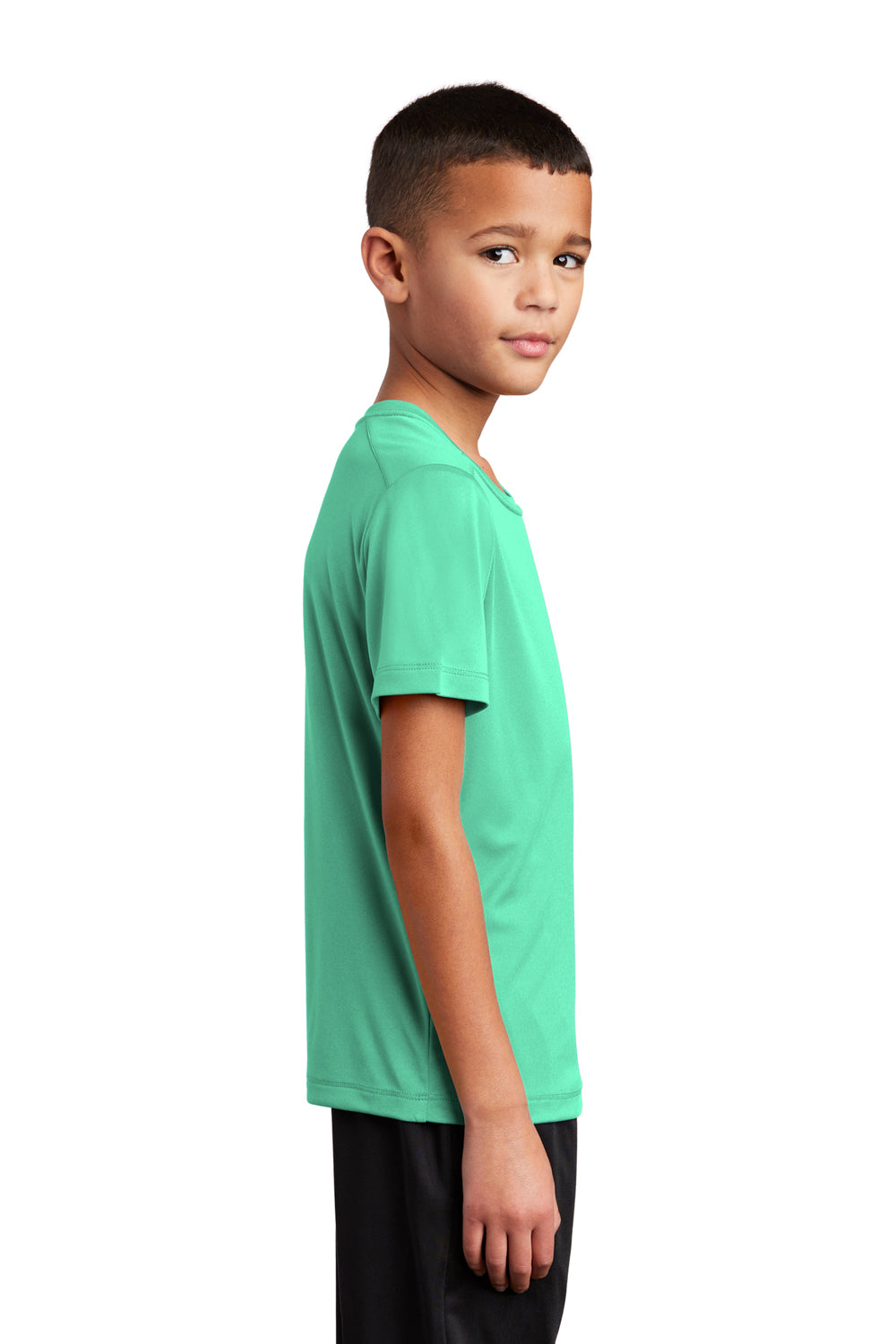 Sport-Tek YST420 Youth Moisture Wicking Short Sleeve Crewneck T-Shirt Bright Seafoam Green Model Side