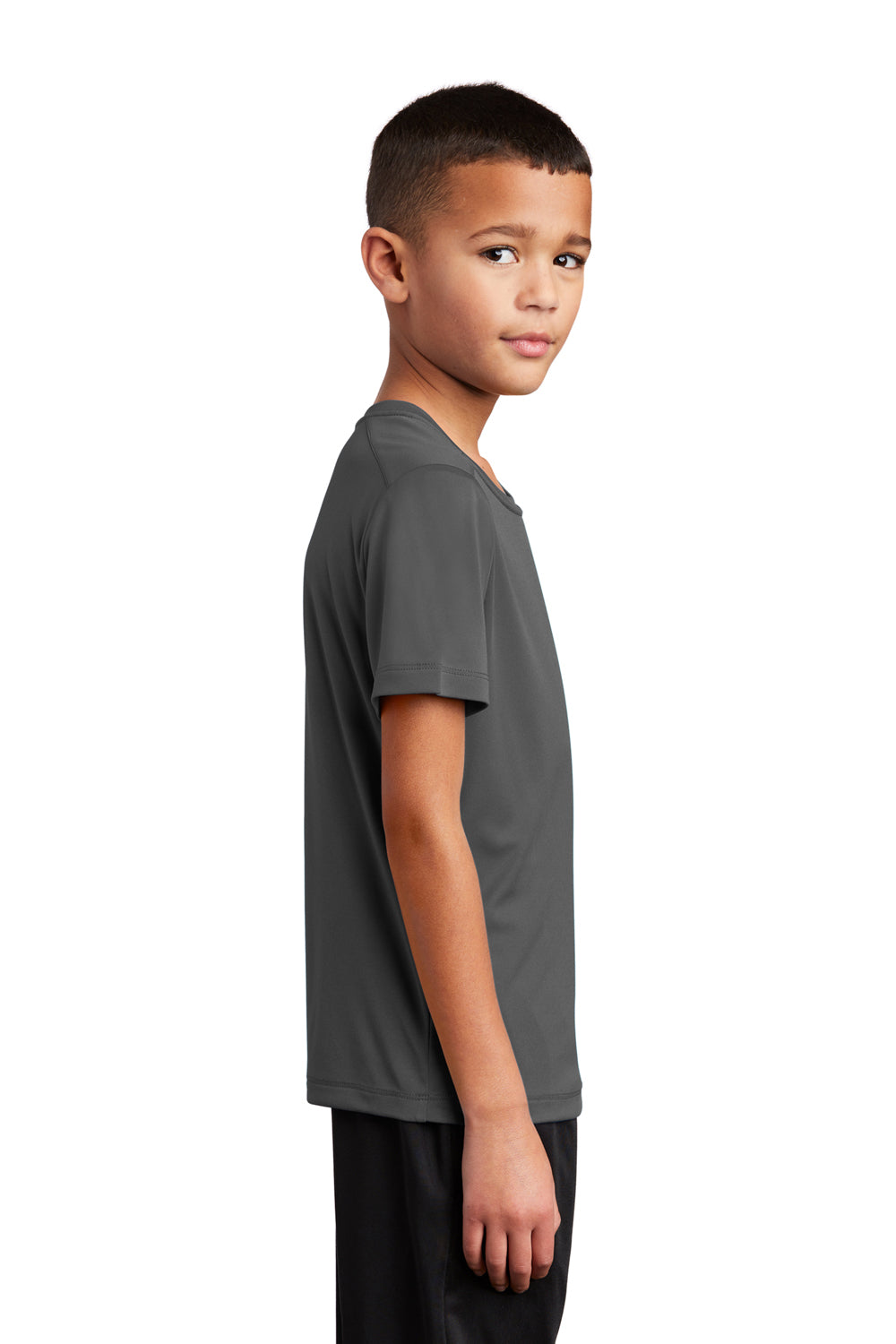 Sport-Tek YST420 Youth Moisture Wicking Short Sleeve Crewneck T-Shirt Dark Smoke Grey Model Side