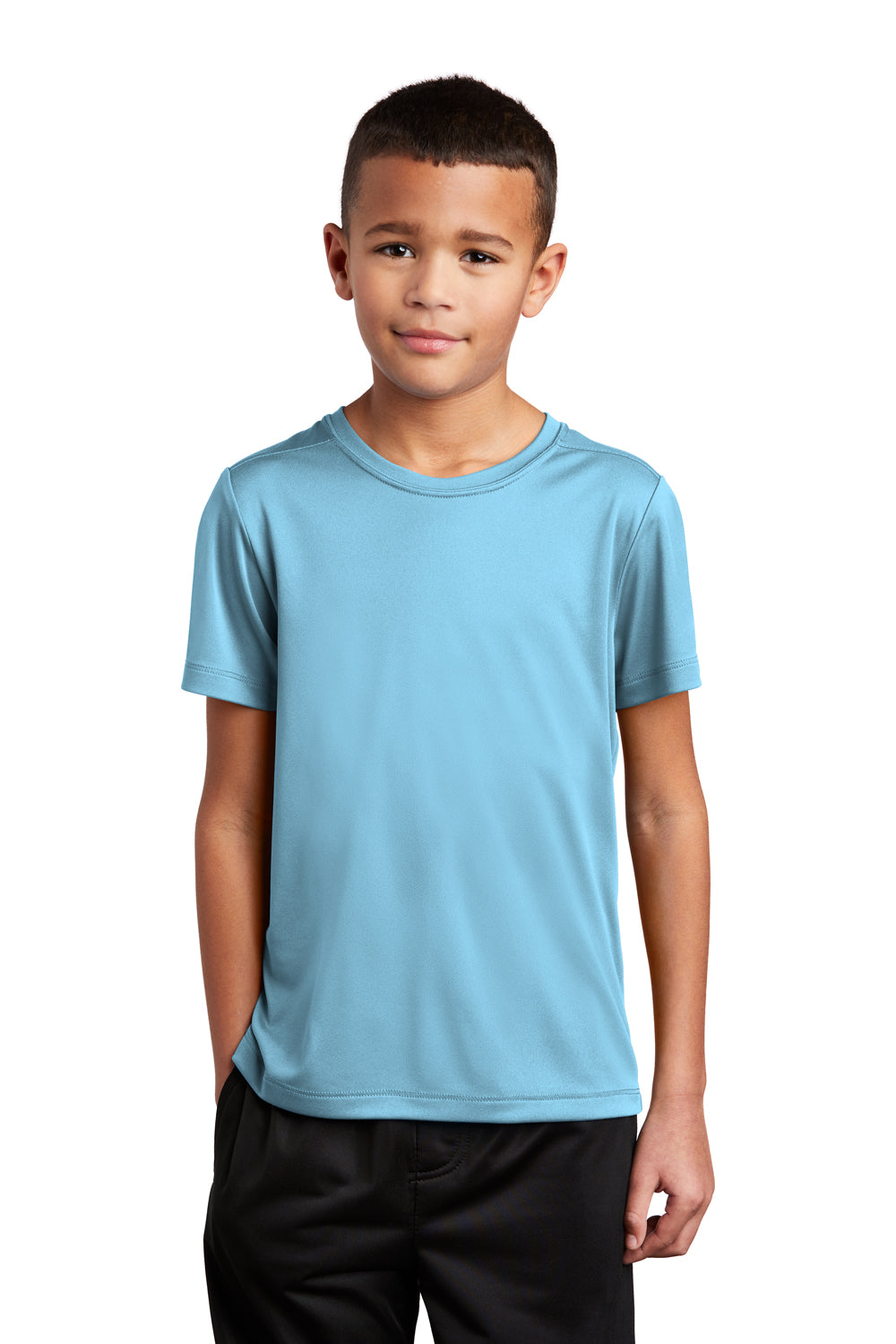 Sport-Tek YST420 Youth Moisture Wicking Short Sleeve Crewneck T-Shirt Light Blue Model Front