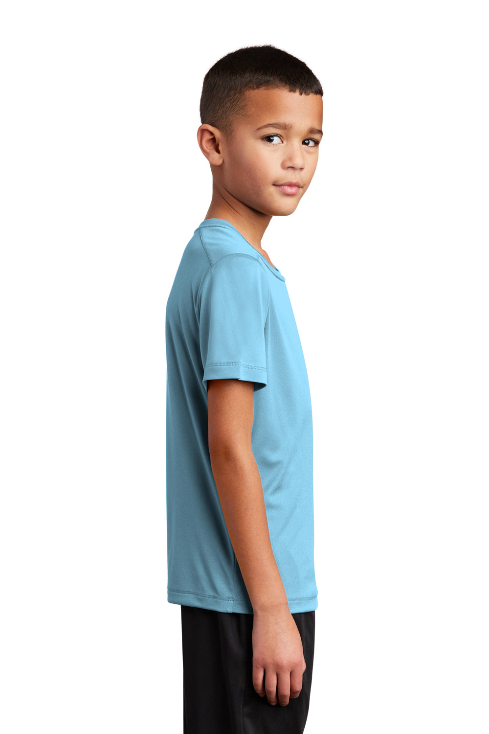 Sport-Tek YST420 Youth Moisture Wicking Short Sleeve Crewneck T-Shirt Light Blue Model Side