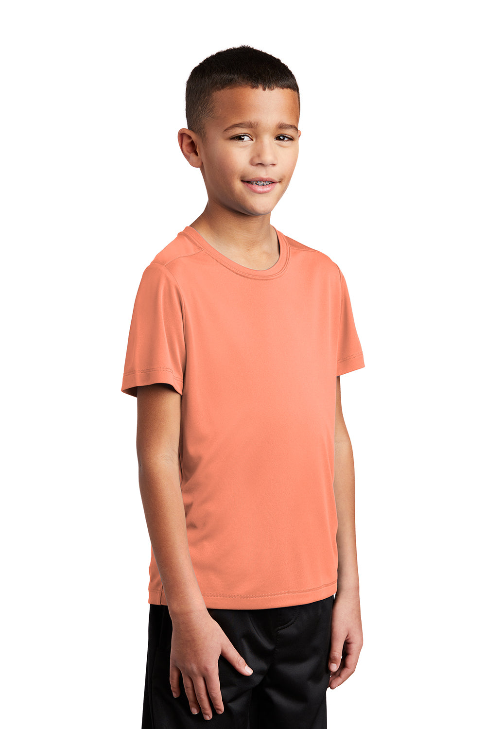 Sport-Tek YST420 Youth Moisture Wicking Short Sleeve Crewneck T-Shirt Soft Coral Orange Model 3q