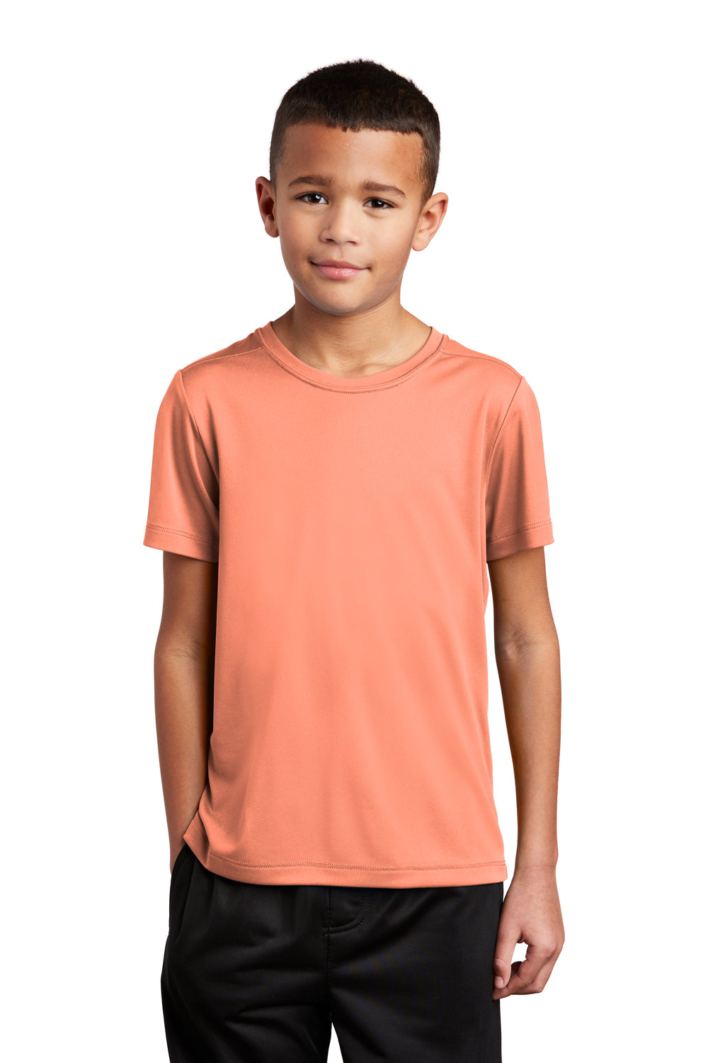 Sport-Tek YST420 Youth Moisture Wicking Short Sleeve Crewneck T-Shirt Soft Coral Orange Model Front