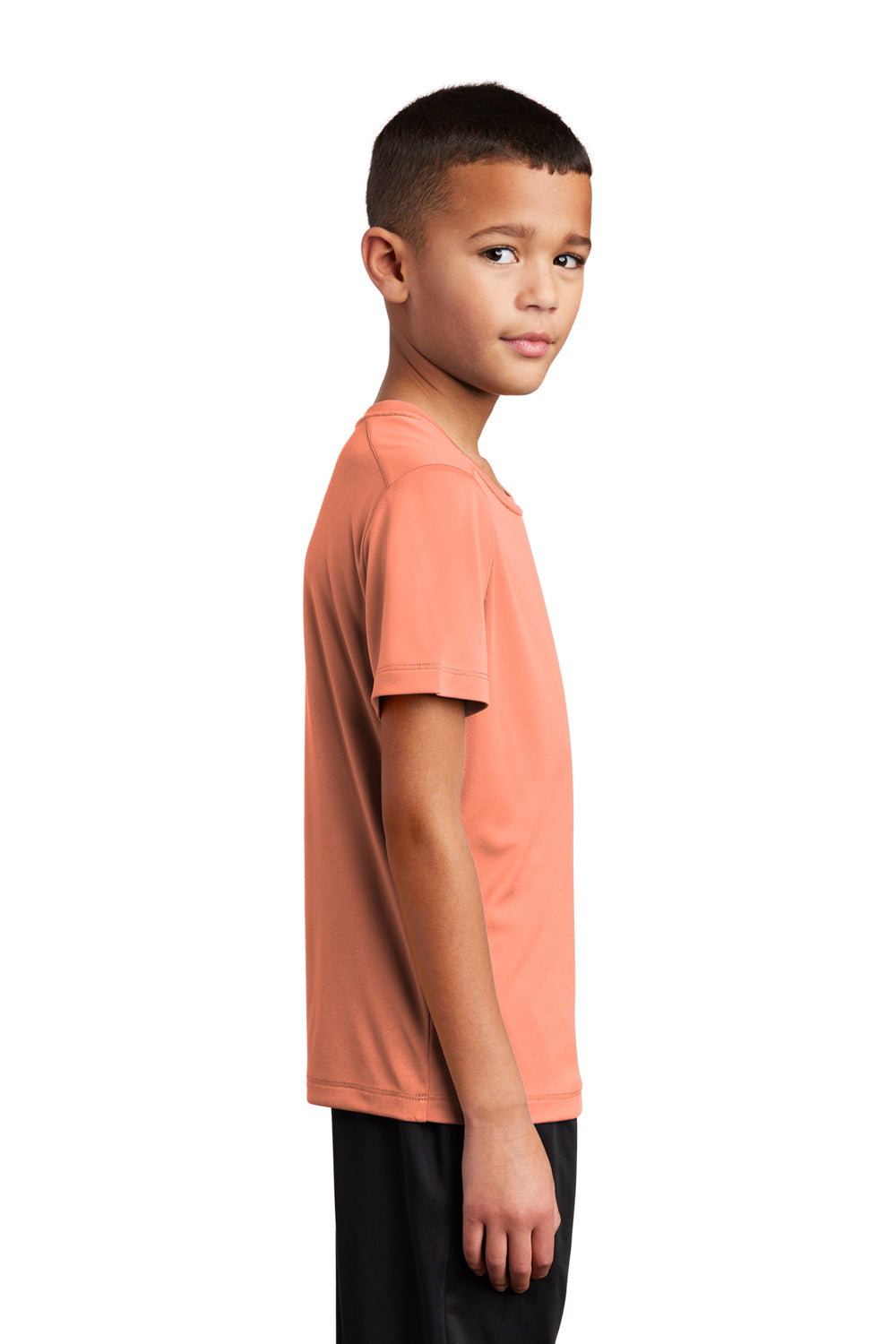 Sport-Tek YST420 Youth Moisture Wicking Short Sleeve Crewneck T-Shirt Soft Coral Orange Model Side