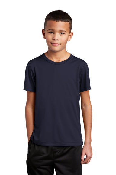 Sport-Tek YST420 Youth Moisture Wicking Short Sleeve Crewneck T-Shirt True Navy Blue Model Front