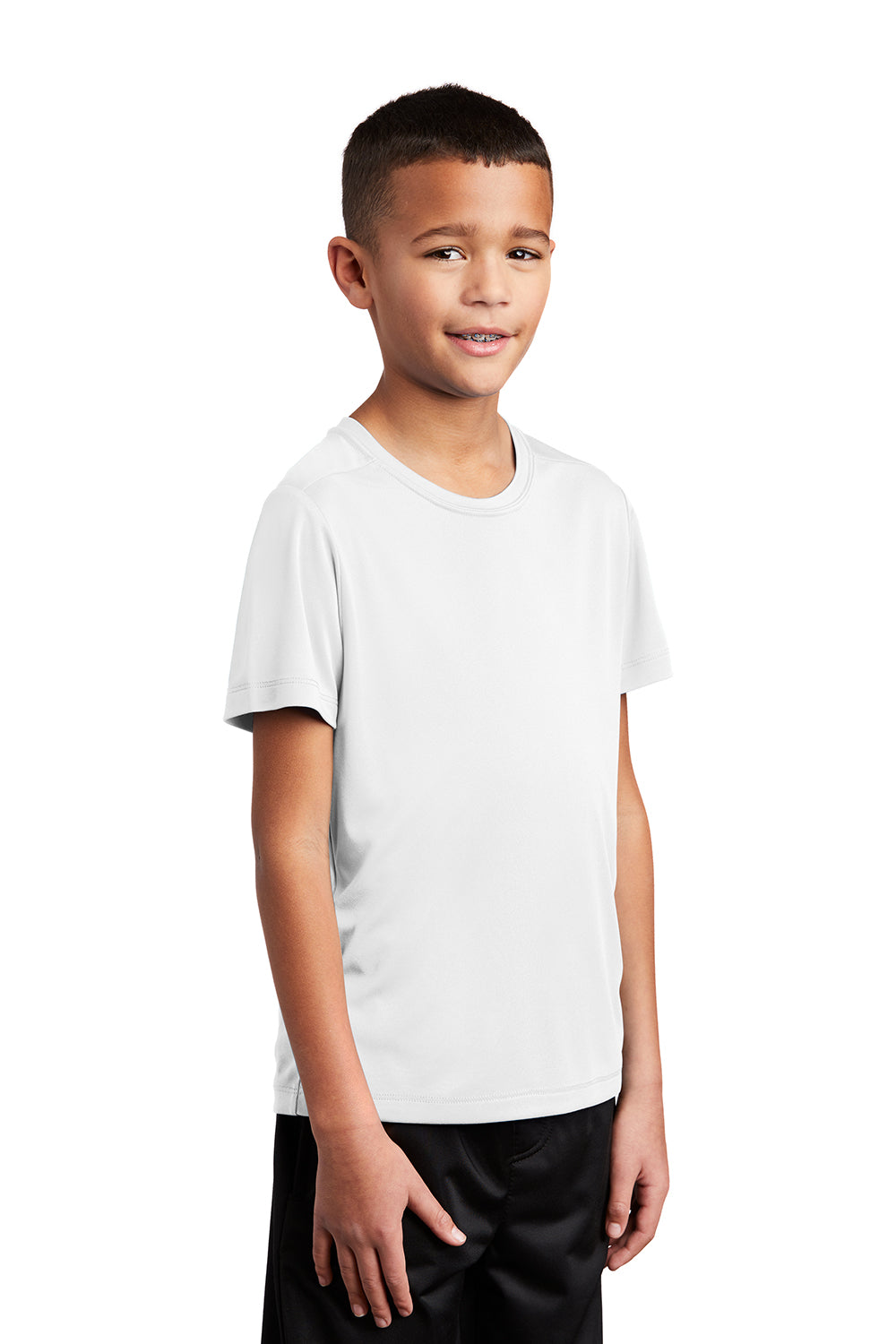 Sport-Tek YST420 Youth Moisture Wicking Short Sleeve Crewneck T-Shirt White Model 3q