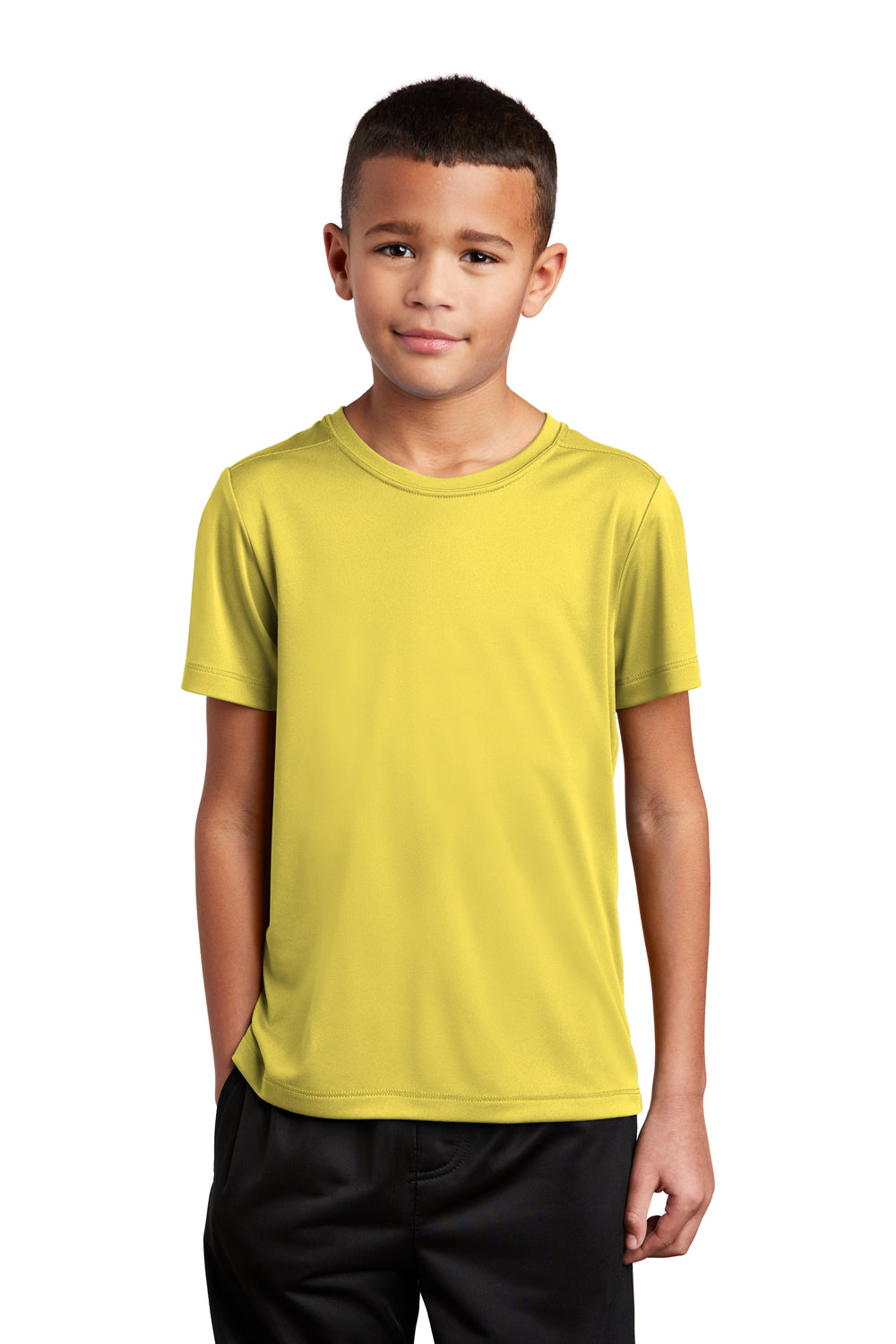 Sport-Tek YST420 Youth Moisture Wicking Short Sleeve Crewneck T-Shirt Yellow Model Front