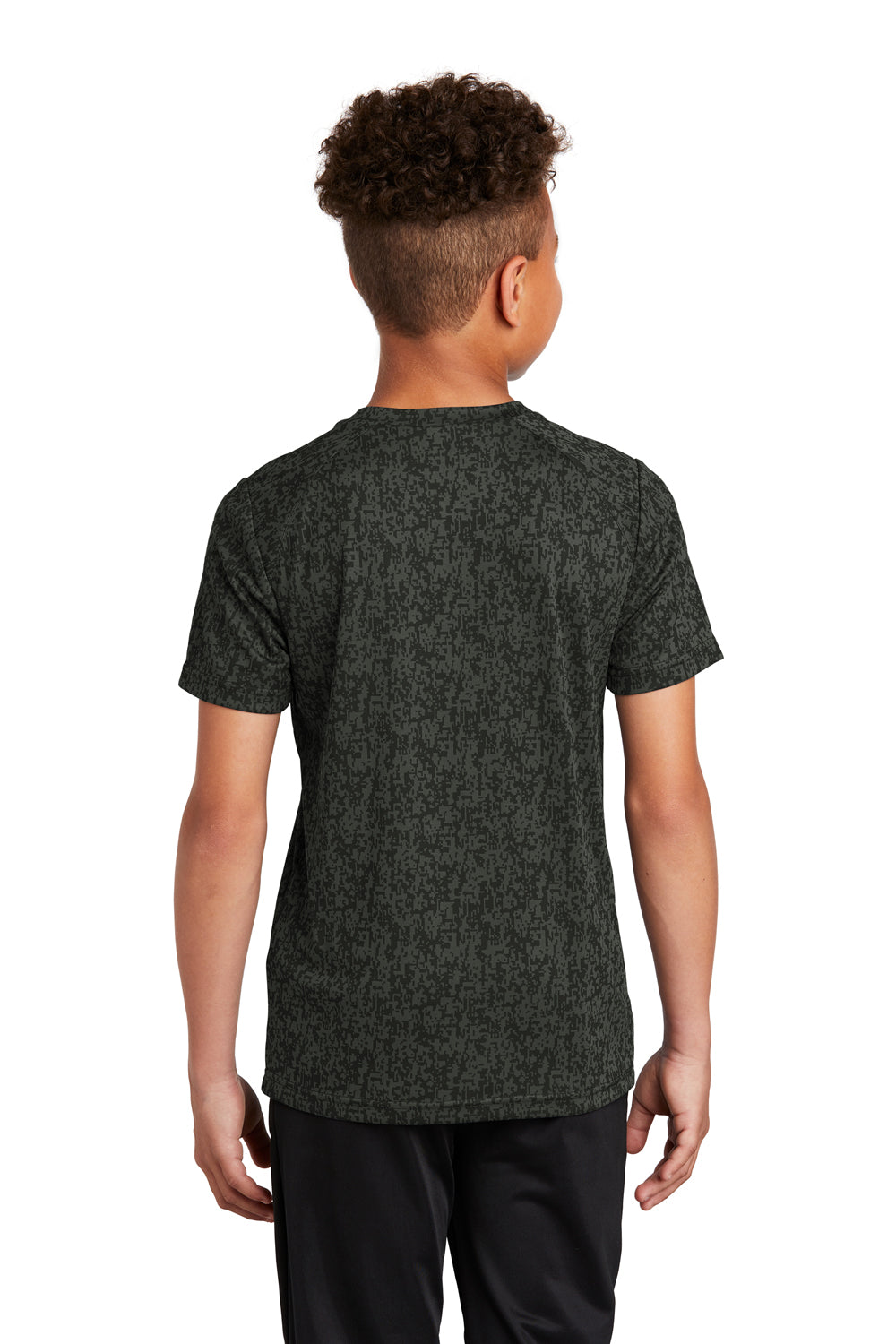 Sport-Tek YST460 Youth Digi Camo Moisture Wicking Short Sleeve Crewneck T-Shirt Black Model Back