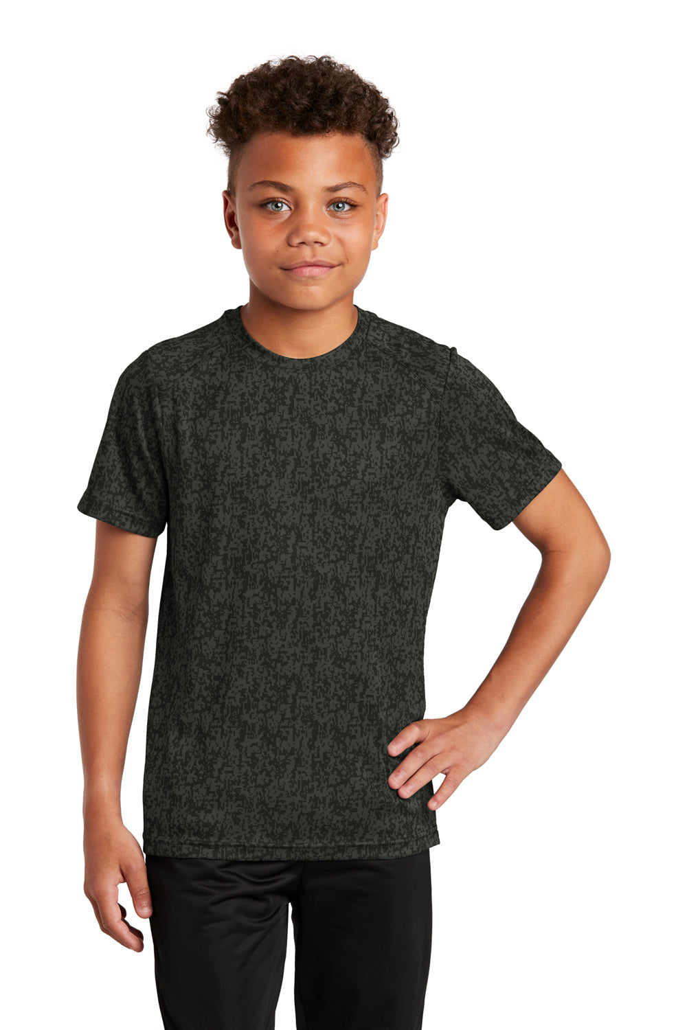 Sport-Tek YST460 Youth Digi Camo Moisture Wicking Short Sleeve Crewneck T-Shirt Black Model Front