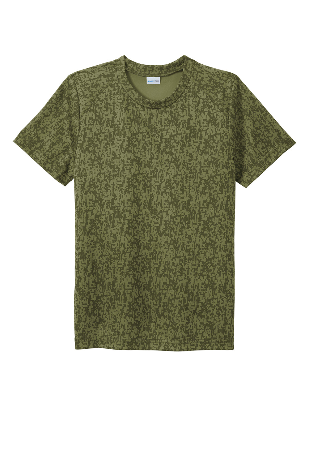 Sport-Tek YST460 Youth Digi Camo Moisture Wicking Short Sleeve Crewneck T-Shirt Olive Drab Green Flat Front