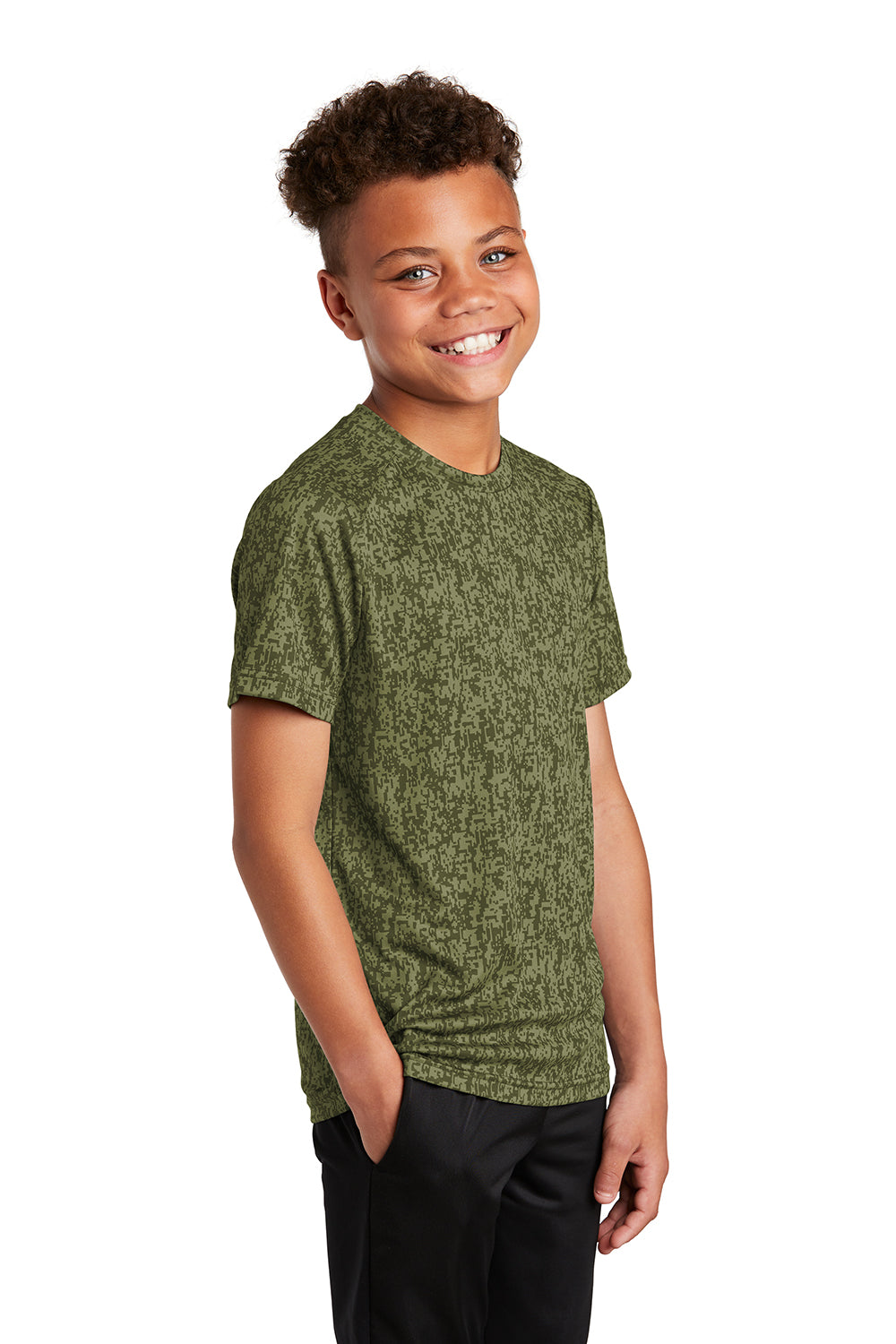 Sport-Tek YST460 Youth Digi Camo Moisture Wicking Short Sleeve Crewneck T-Shirt Olive Drab Green Model 3q