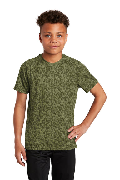 Sport-Tek YST460 Youth Digi Camo Moisture Wicking Short Sleeve Crewneck T-Shirt Olive Drab Green Model Front