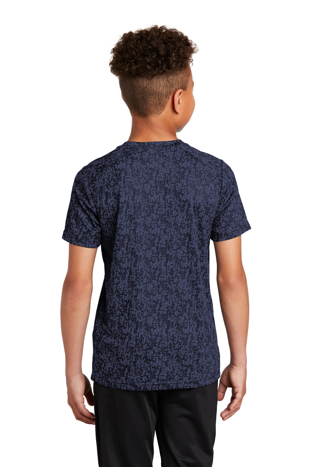 Sport-Tek YST460 Youth Digi Camo Moisture Wicking Short Sleeve Crewneck T-Shirt True Navy Blue Model Back