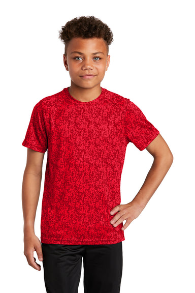 Sport-Tek YST460 Youth Digi Camo Moisture Wicking Short Sleeve Crewneck T-Shirt True Red Model Front