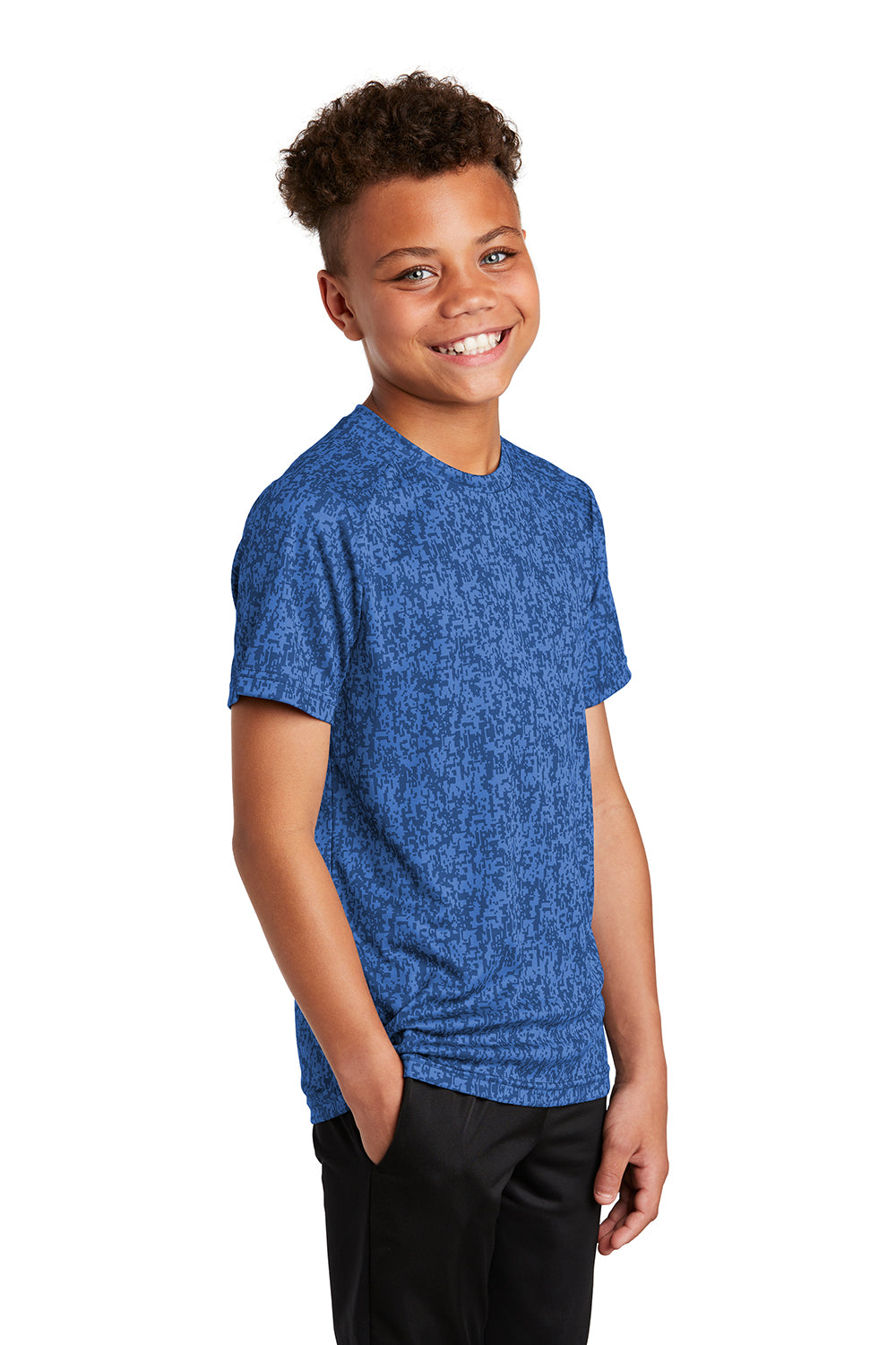 Sport-Tek YST460 Youth Digi Camo Moisture Wicking Short Sleeve Crewneck T-Shirt True Royal Blue Model 3q