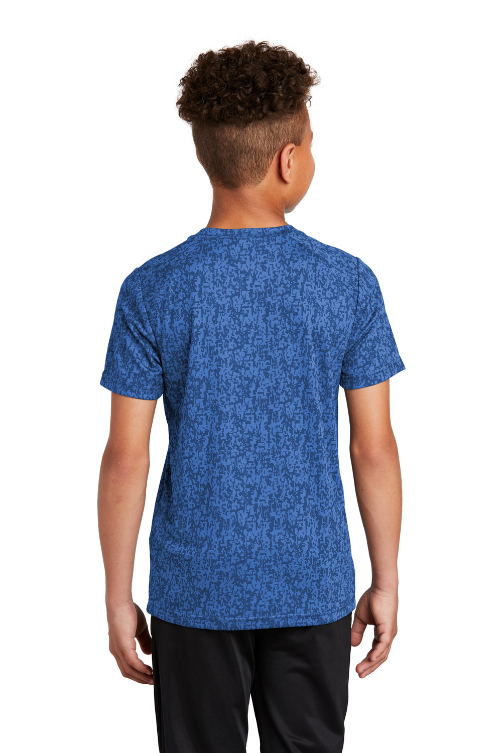 Sport-Tek YST460 Youth Digi Camo Moisture Wicking Short Sleeve Crewneck T-Shirt True Royal Blue Model Back