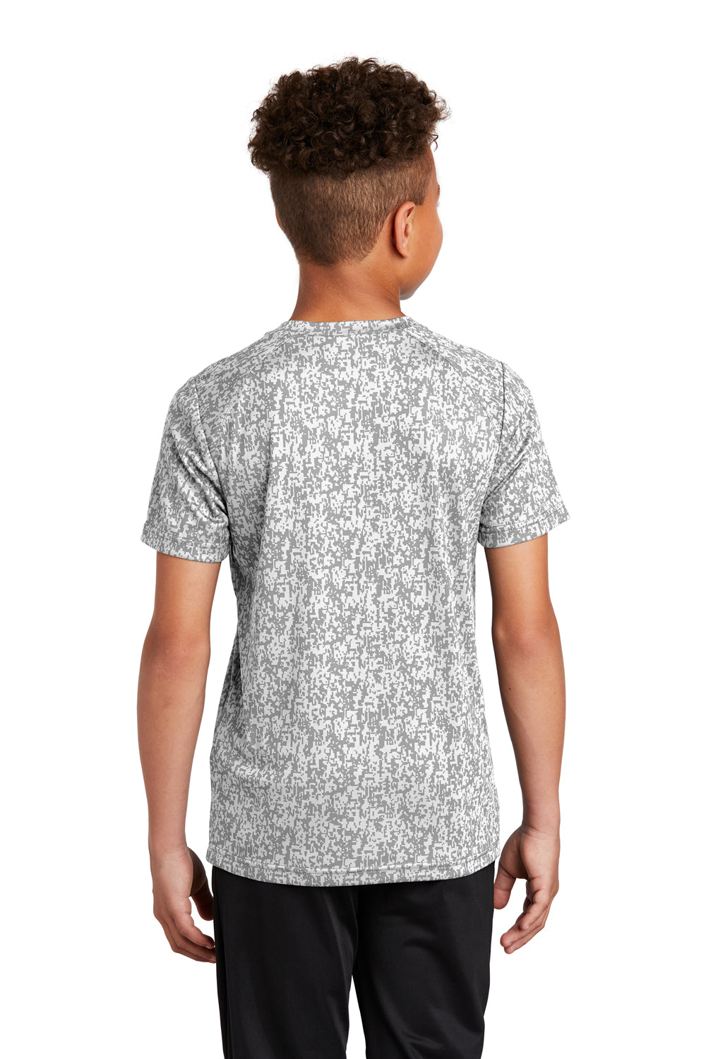 Sport-Tek YST460 Youth Digi Camo Moisture Wicking Short Sleeve Crewneck T-Shirt White Model Back