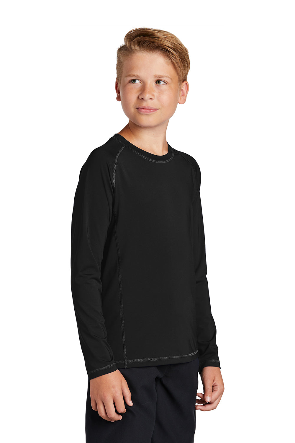 Sport-Tek YST470LS Youth Rashguard Moisture Wicking Long Sleeve Crewneck T-Shirt Black Model 3q