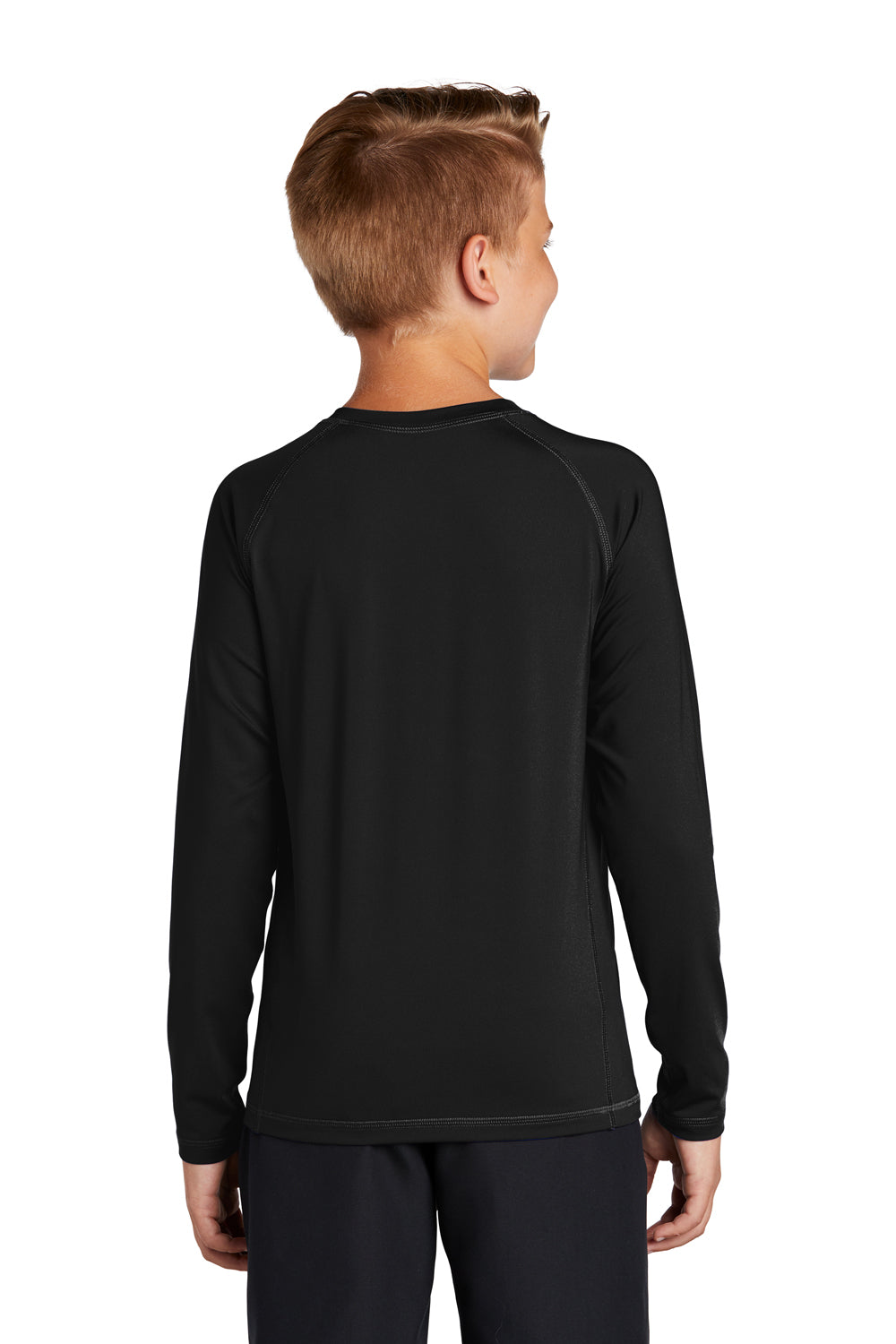 Sport-Tek YST470LS Youth Rashguard Moisture Wicking Long Sleeve Crewneck T-Shirt Black Model Back