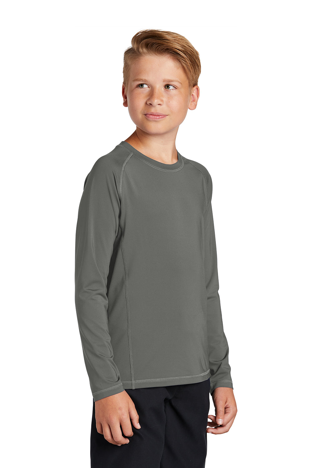 Sport-Tek YST470LS Youth Rashguard Moisture Wicking Long Sleeve Crewneck T-Shirt Dark Smoke Grey Model 3q