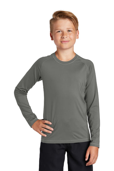 Sport-Tek YST470LS Youth Rashguard Moisture Wicking Long Sleeve Crewneck T-Shirt Dark Smoke Grey Model Front