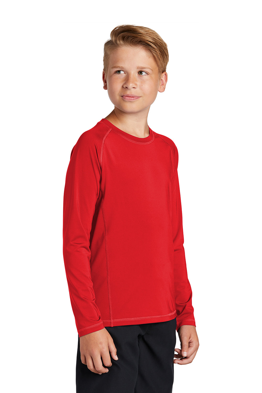 Sport-Tek YST470LS Youth Rashguard Moisture Wicking Long Sleeve Crewneck T-Shirt True Red Model 3q