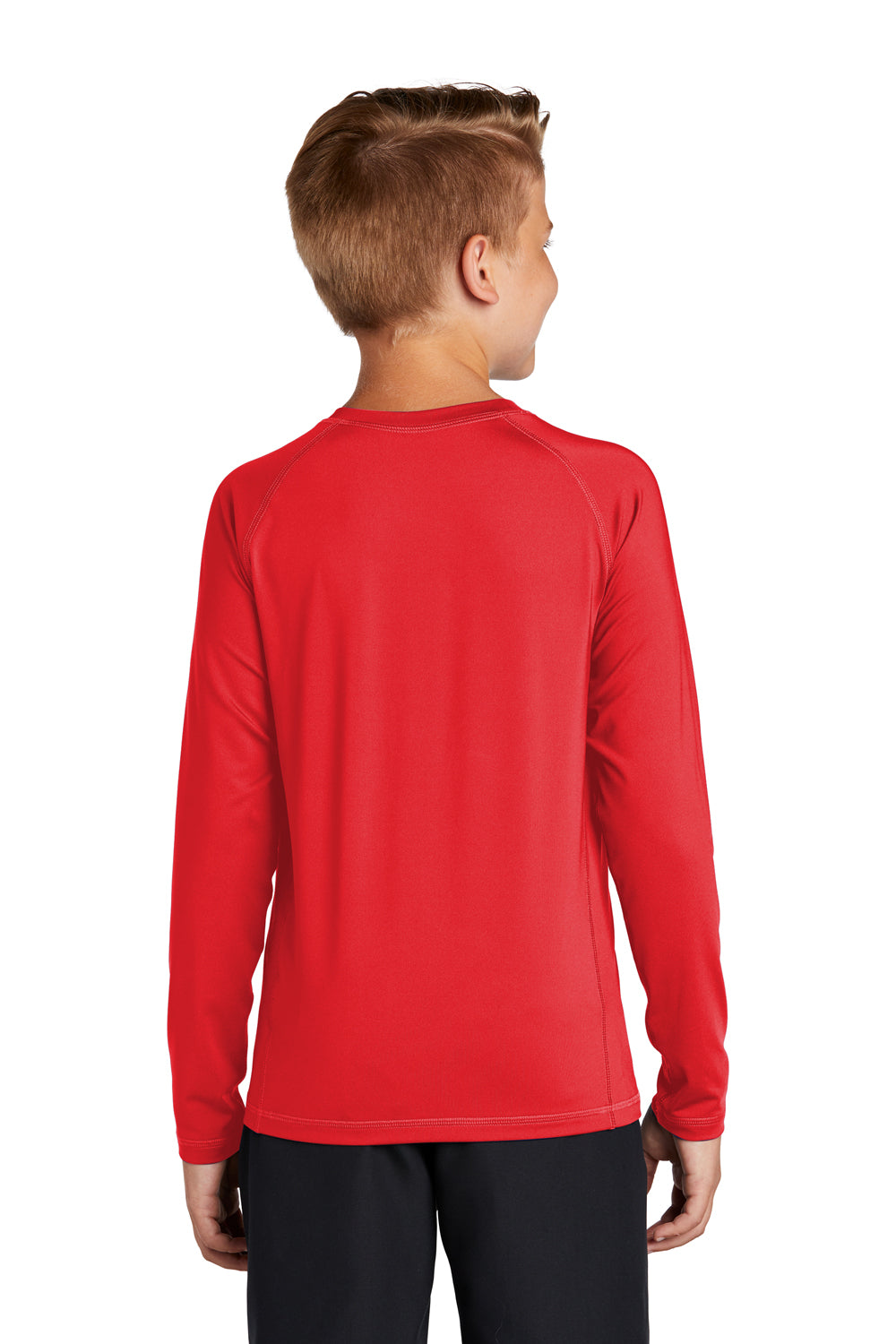 Sport-Tek YST470LS Youth Rashguard Moisture Wicking Long Sleeve Crewneck T-Shirt True Red Model Back