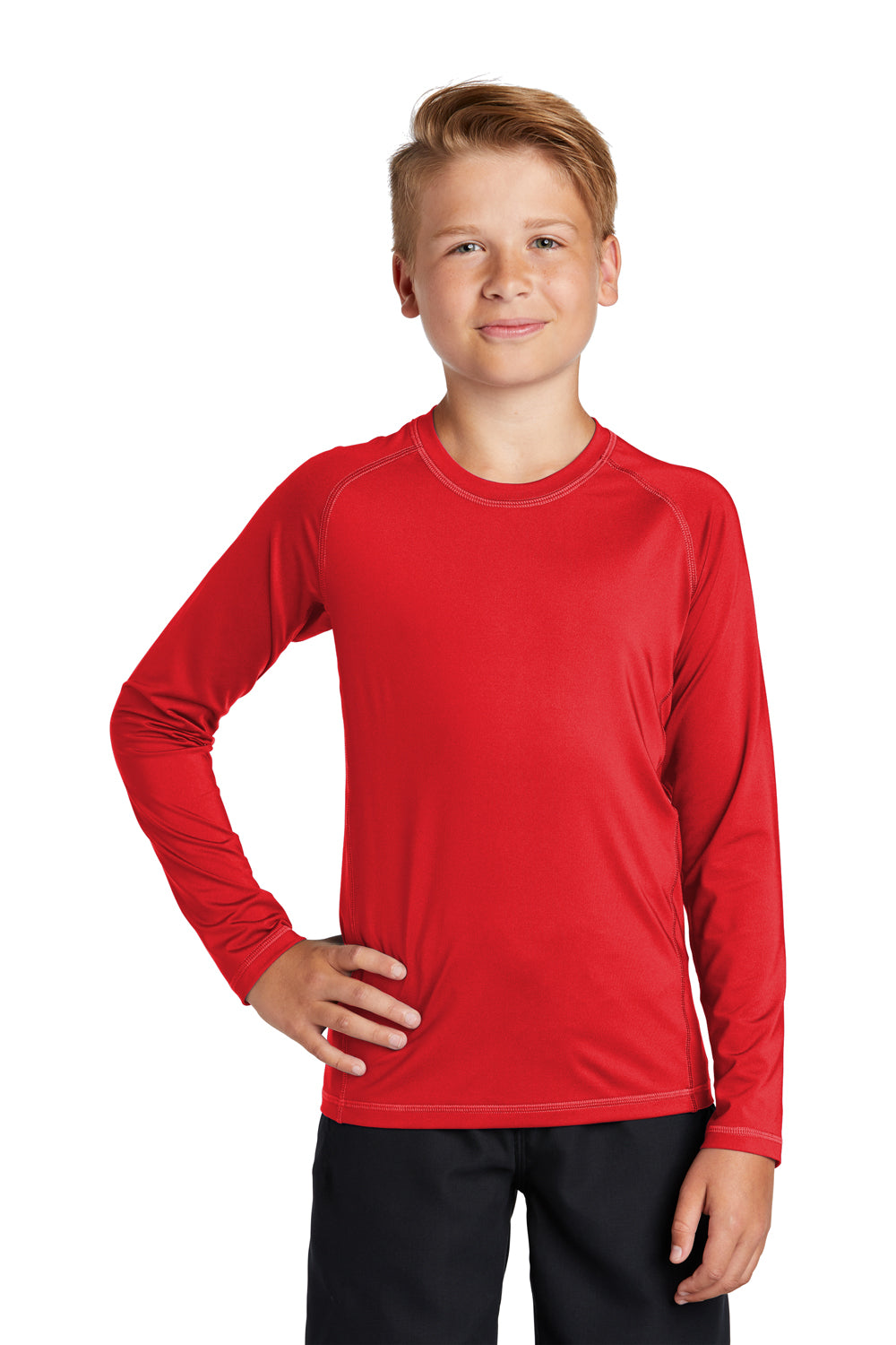 Sport-Tek YST470LS Youth Rashguard Moisture Wicking Long Sleeve Crewneck T-Shirt True Red Model Front