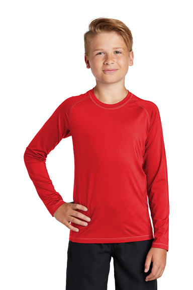 Sport-Tek YST470LS Youth Rashguard Moisture Wicking Long Sleeve Crewneck T-Shirt True Red Model Front