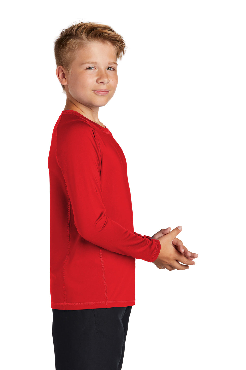 Sport-Tek YST470LS Youth Rashguard Moisture Wicking Long Sleeve Crewneck T-Shirt True Red Model Side