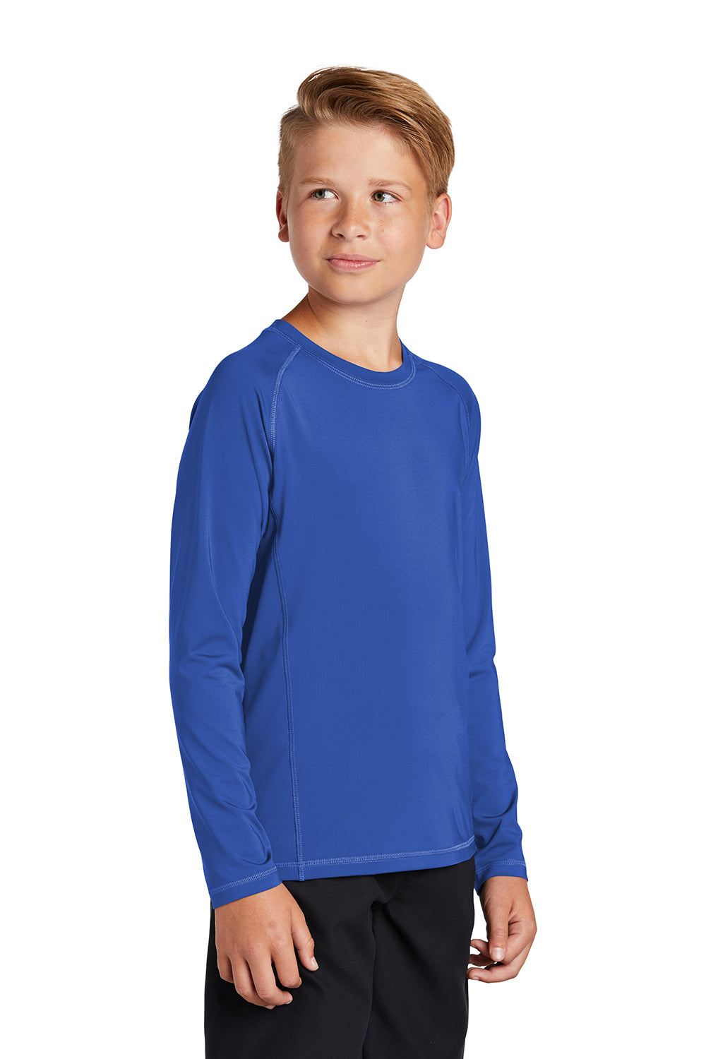 Sport-Tek YST470LS Youth Rashguard Moisture Wicking Long Sleeve Crewneck T-Shirt True Royal Blue Model 3q