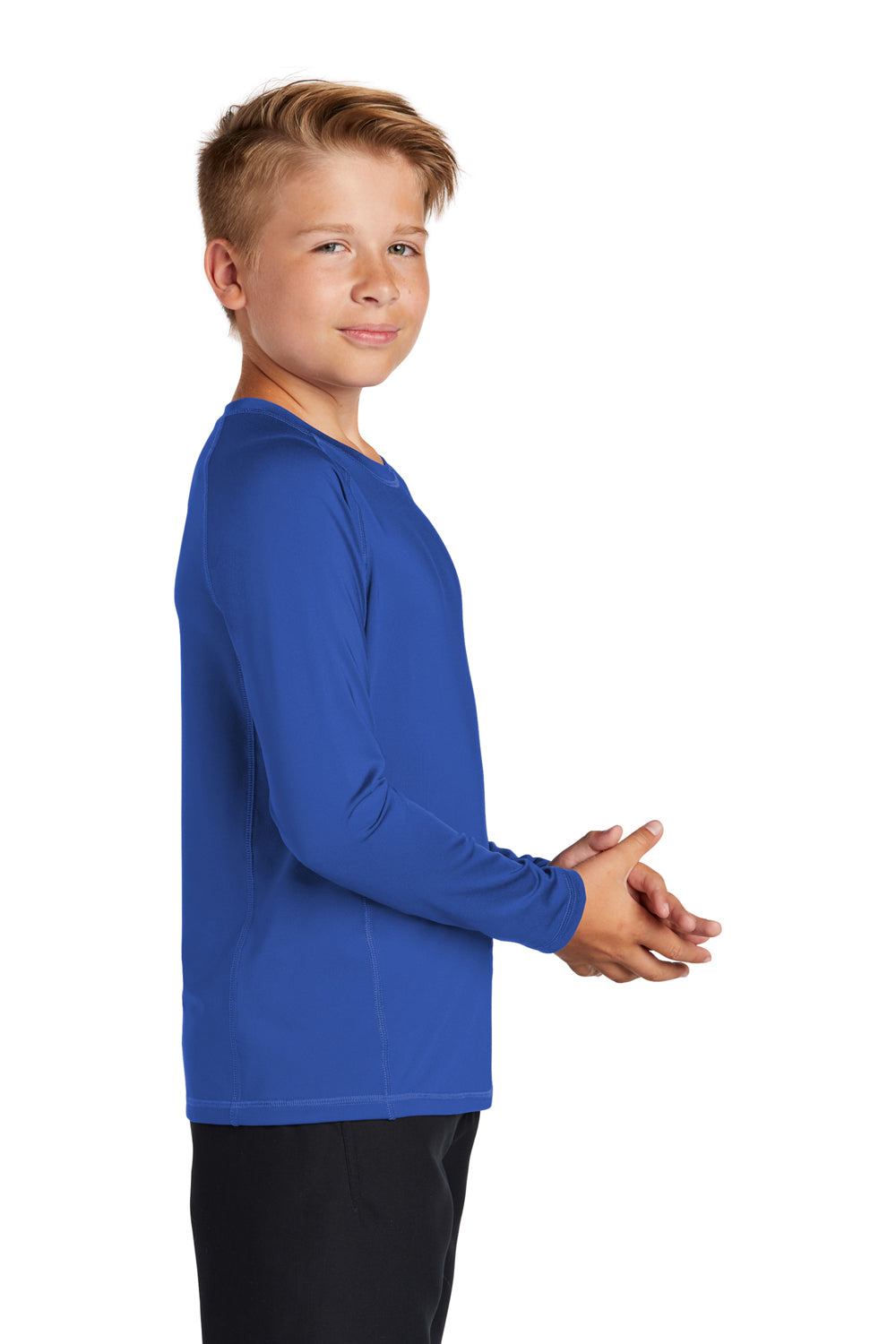 Sport-Tek YST470LS Youth Rashguard Moisture Wicking Long Sleeve Crewneck T-Shirt True Royal Blue Model Side