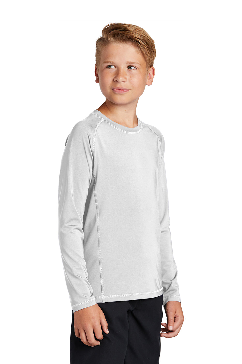 Sport-Tek YST470LS Youth Rashguard Moisture Wicking Long Sleeve Crewneck T-Shirt White Model 3q