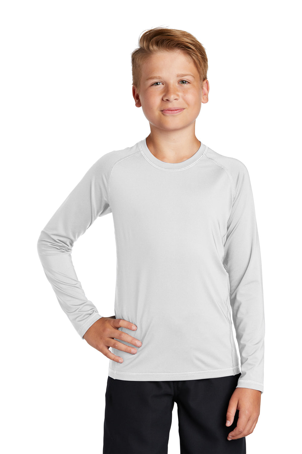 Sport-Tek YST470LS Youth Rashguard Moisture Wicking Long Sleeve Crewneck T-Shirt White Model Front