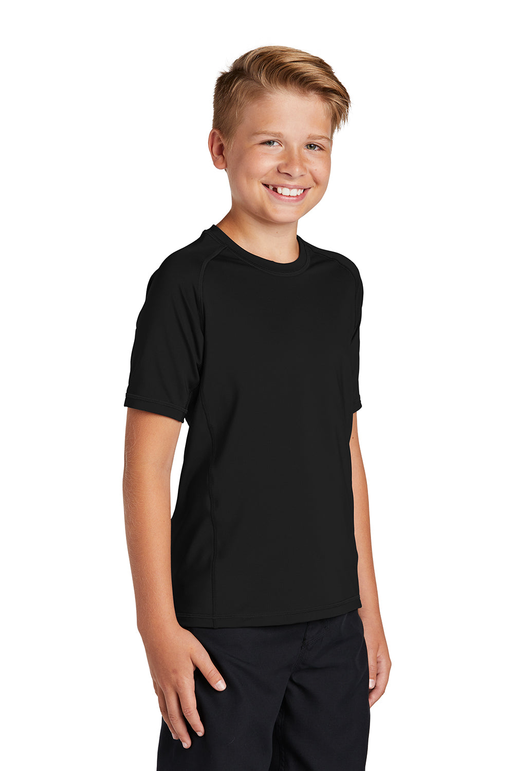 Sport-Tek YST470 Youth Rashguard Moisture Wicking Short Sleeve Crewneck T-Shirt Black Model 3q