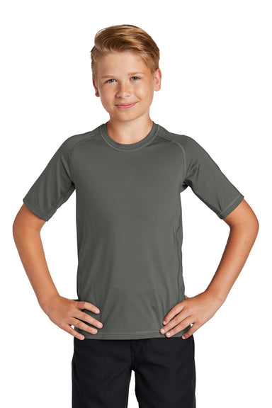 Sport-Tek YST470 Youth Rashguard Moisture Wicking Short Sleeve Crewneck T-Shirt Dark Smoke Grey Model Front