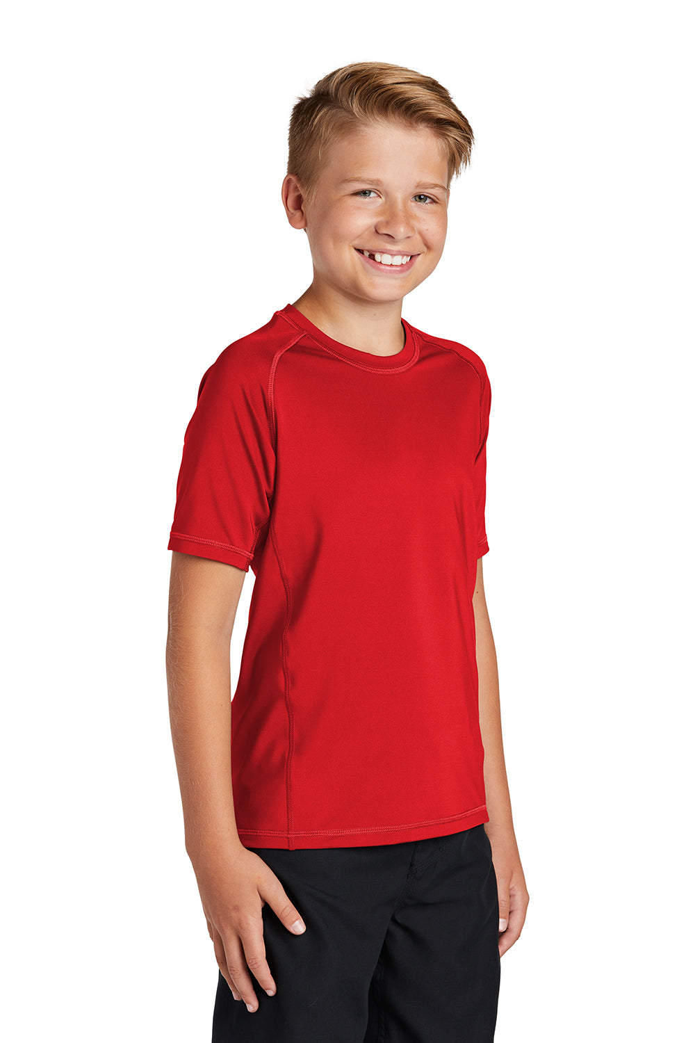 Sport-Tek YST470 Youth Rashguard Moisture Wicking Short Sleeve Crewneck T-Shirt True Red Model 3q