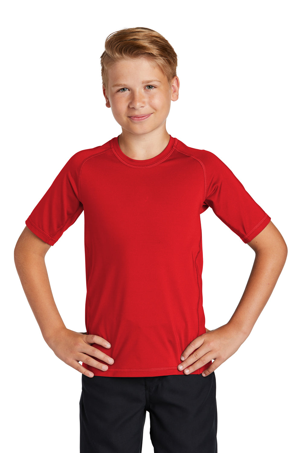 Sport-Tek YST470 Youth Rashguard Moisture Wicking Short Sleeve Crewneck T-Shirt True Red Model Front