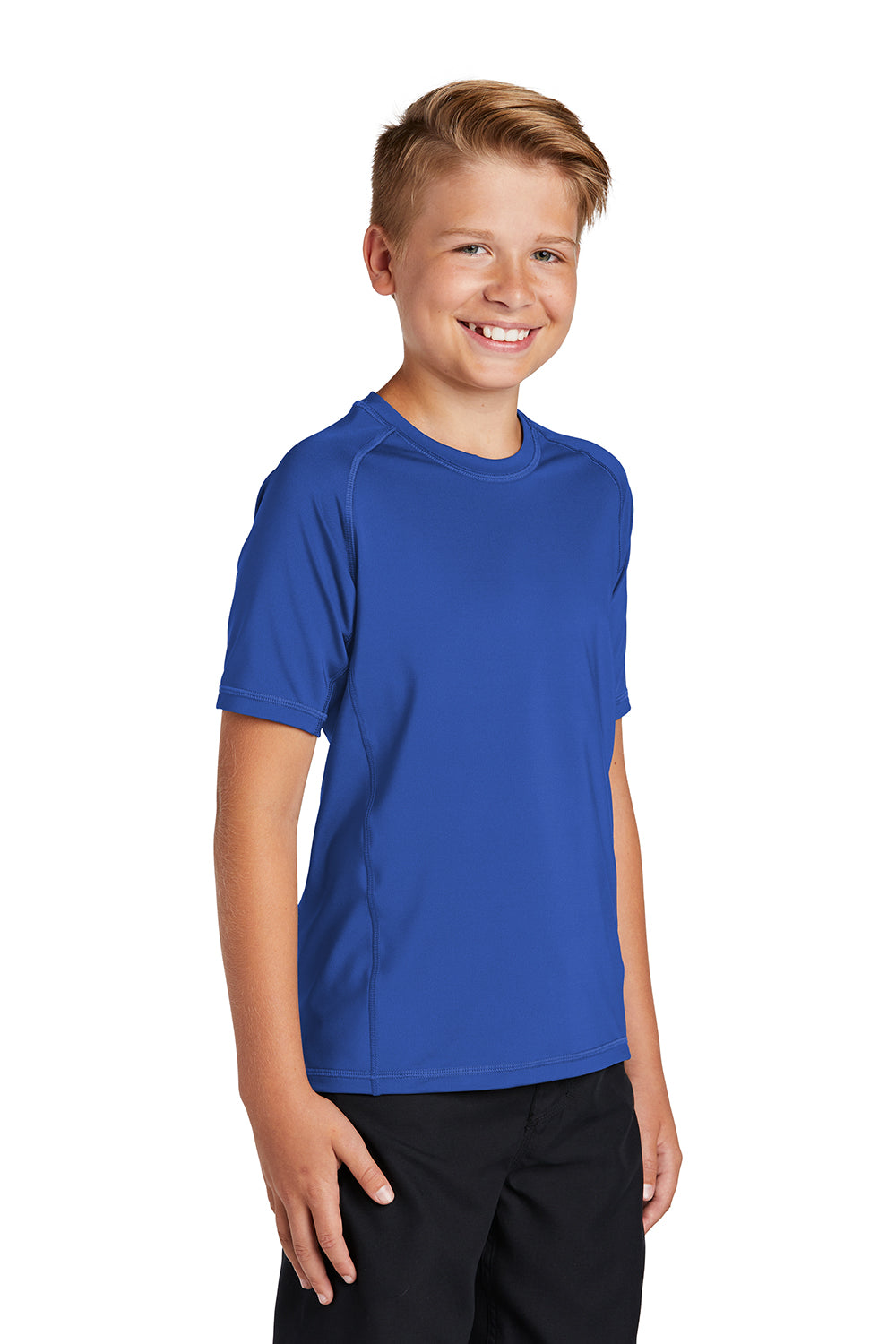 Sport-Tek YST470 Youth Rashguard Moisture Wicking Short Sleeve Crewneck T-Shirt True Royal Blue Model 3q