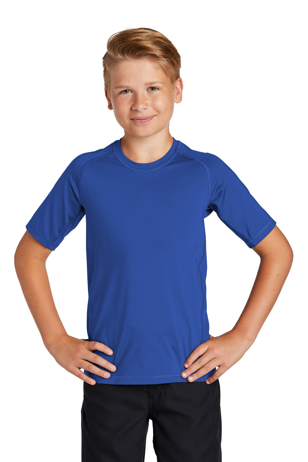 Sport-Tek YST470 Youth Rashguard Moisture Wicking Short Sleeve Crewneck T-Shirt True Royal Blue Model Front