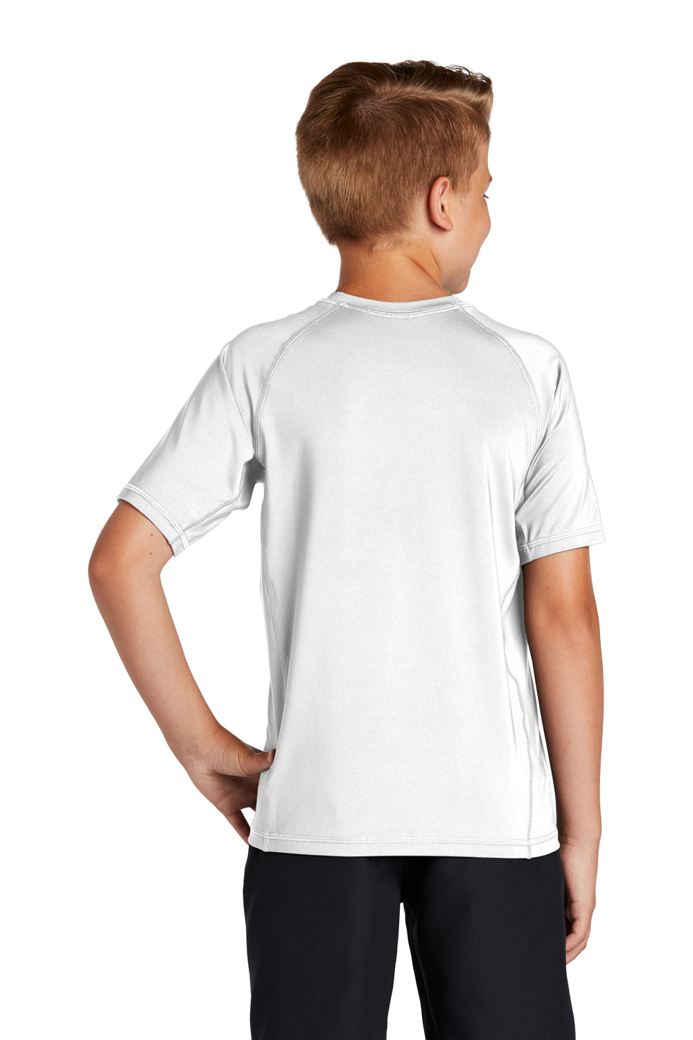 Sport-Tek YST470 Youth Rashguard Moisture Wicking Short Sleeve Crewneck T-Shirt White Model Back