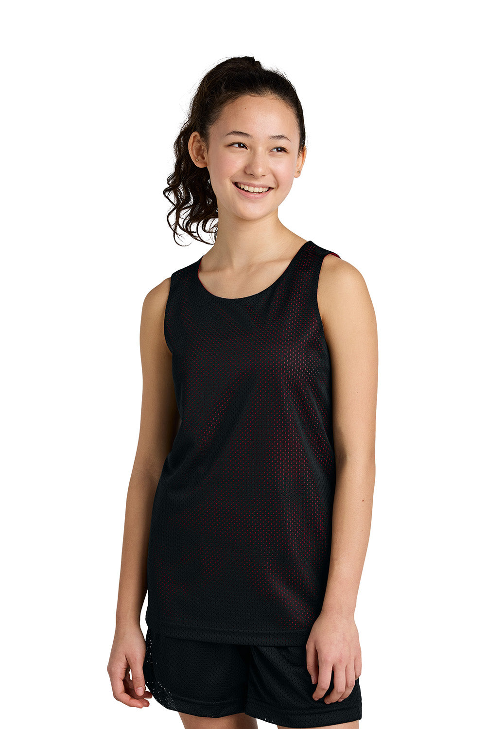 Sport-Tek YST5000 Youth PosiCharge Reversible Mesh Tank Top Black/Deep Red Model Front