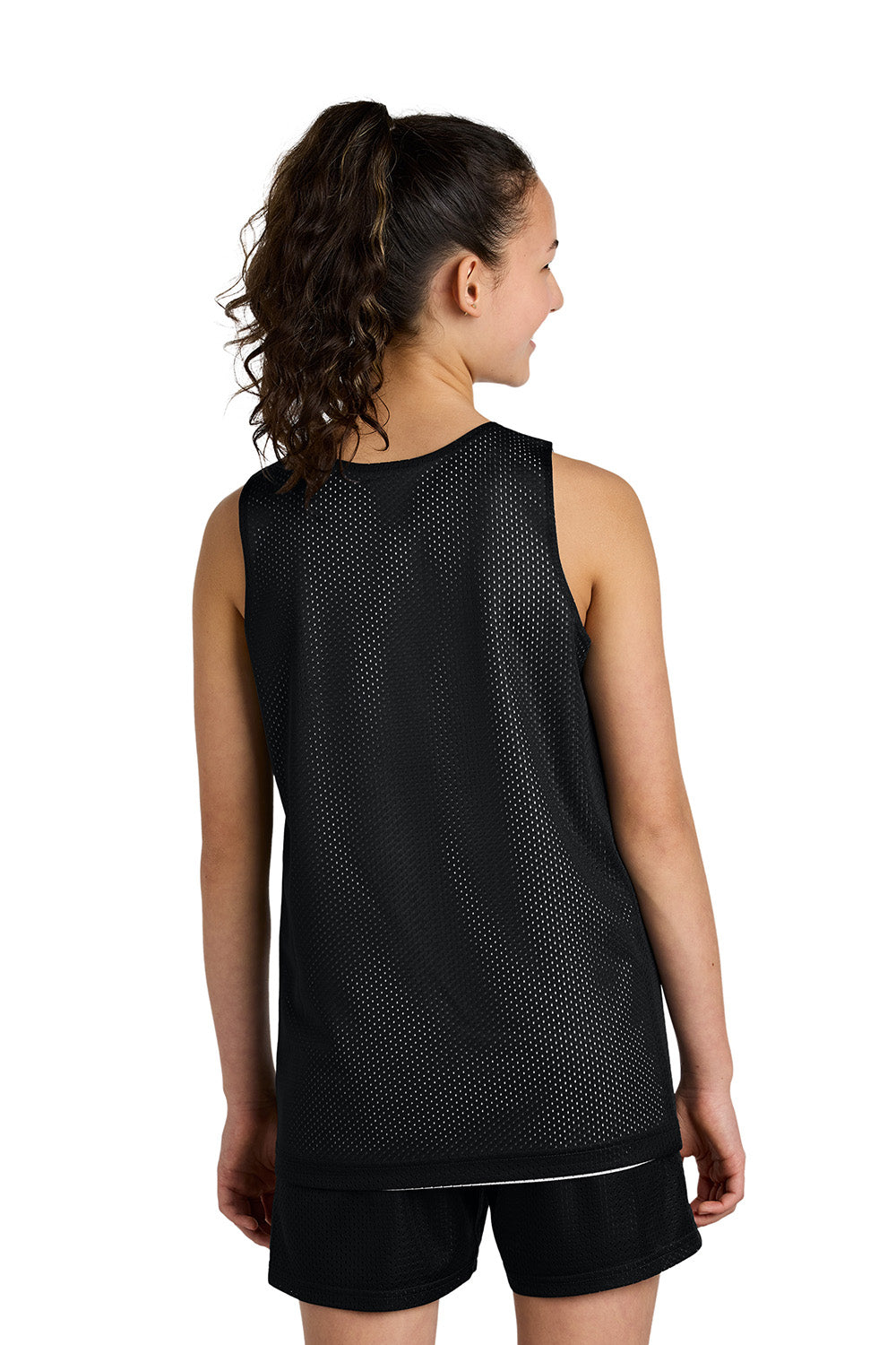 Sport-Tek YST5000 Youth PosiCharge Reversible Mesh Tank Top Black/White Model Back