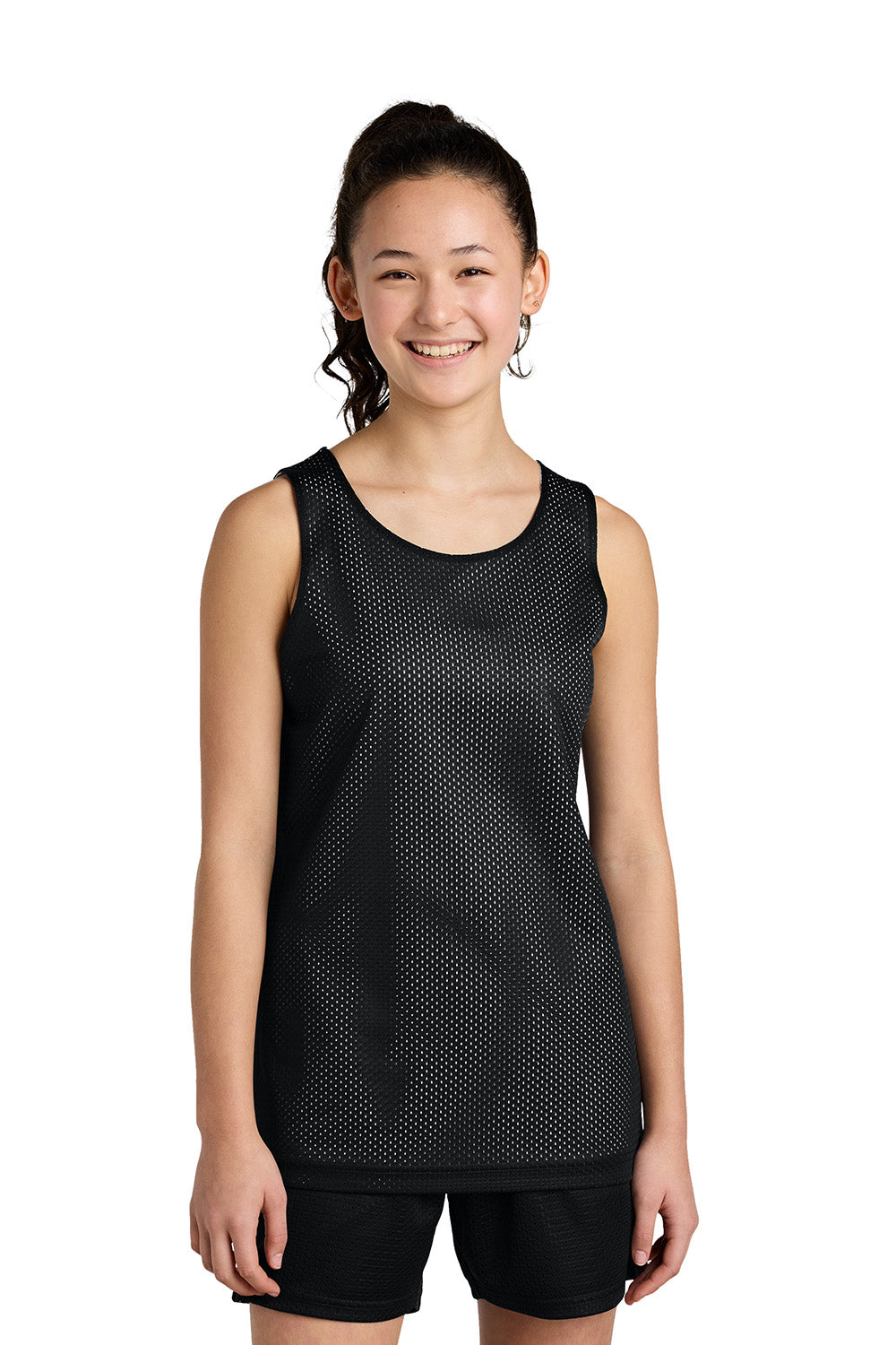 Sport-Tek YST5000 Youth PosiCharge Reversible Mesh Tank Top Black/White Model Front