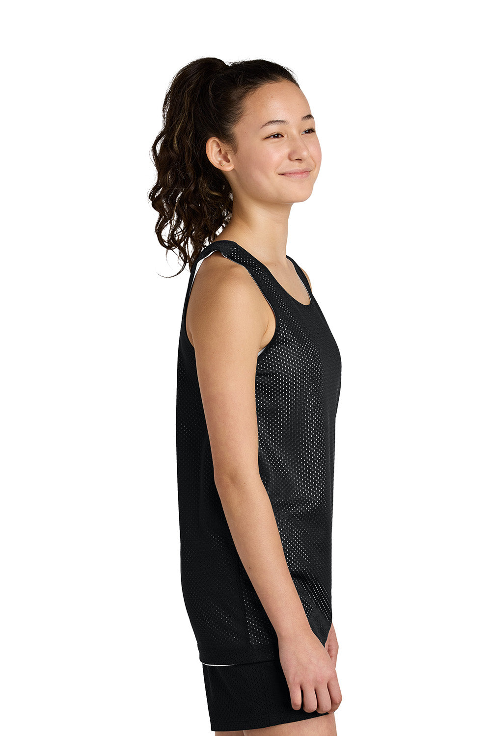 Sport-Tek YST5000 Youth PosiCharge Reversible Mesh Tank Top Black/White Model Side