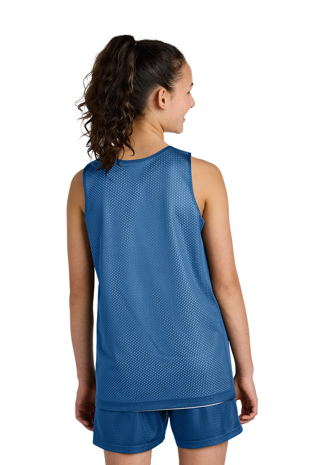 Sport-Tek YST5000 Youth PosiCharge Reversible Mesh Tank Top Carolina Blue/White Model Back