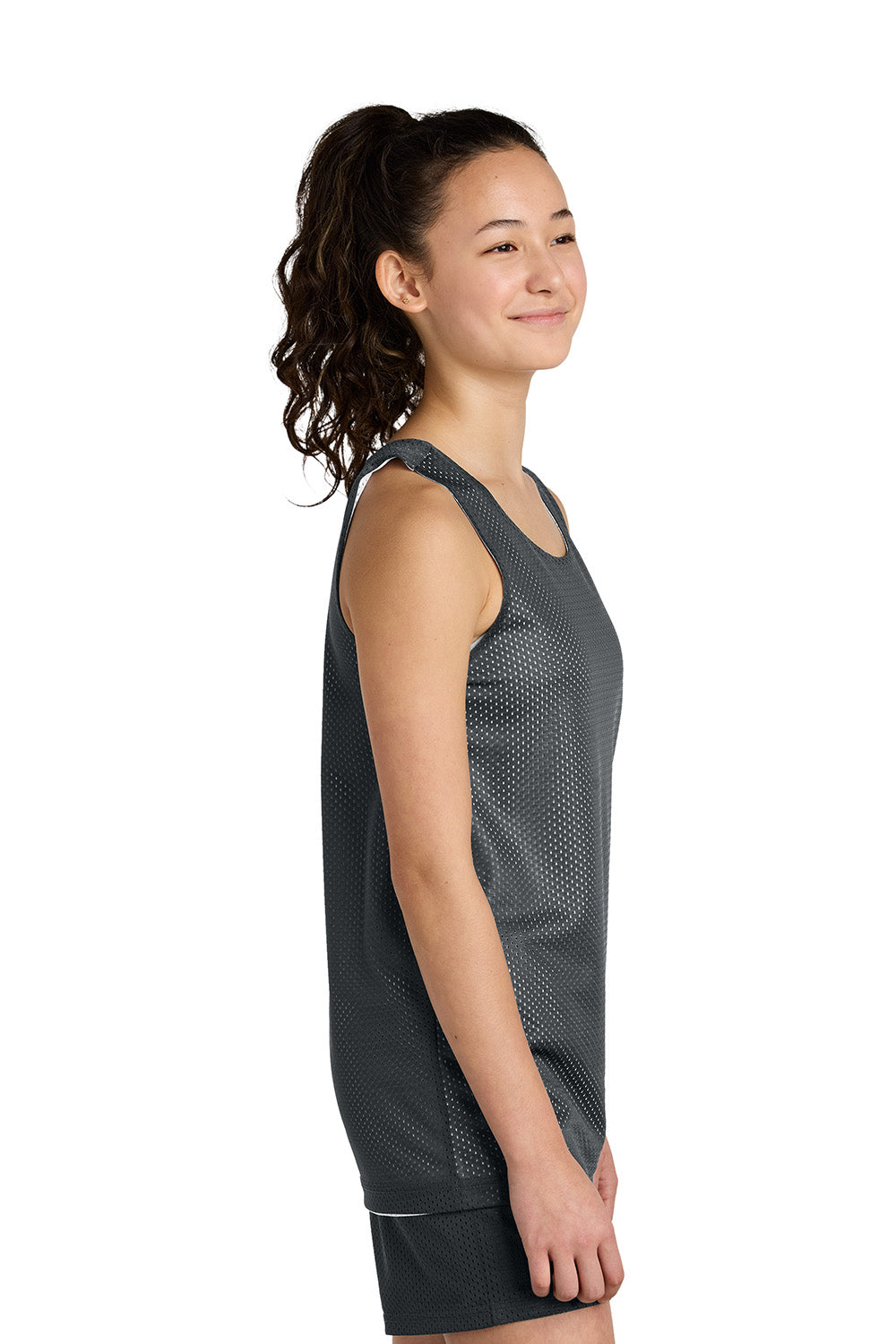 Sport-Tek YST5000 Youth PosiCharge Reversible Mesh Tank Top Iron Grey/White Model Side