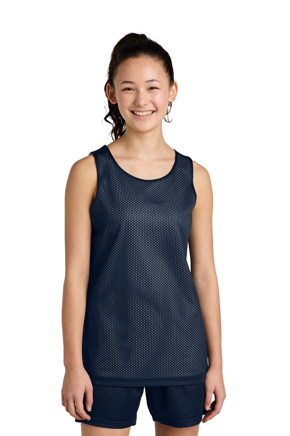 Sport-Tek YST5000 Youth PosiCharge Reversible Mesh Tank Top True Navy Blue/White Model Front