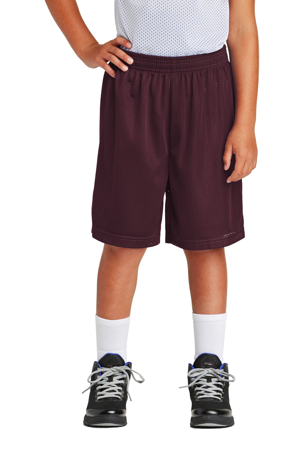 Sport-Tek YST510 Youth Moisture Wicking Classic Mesh Shorts Maroon Model Front